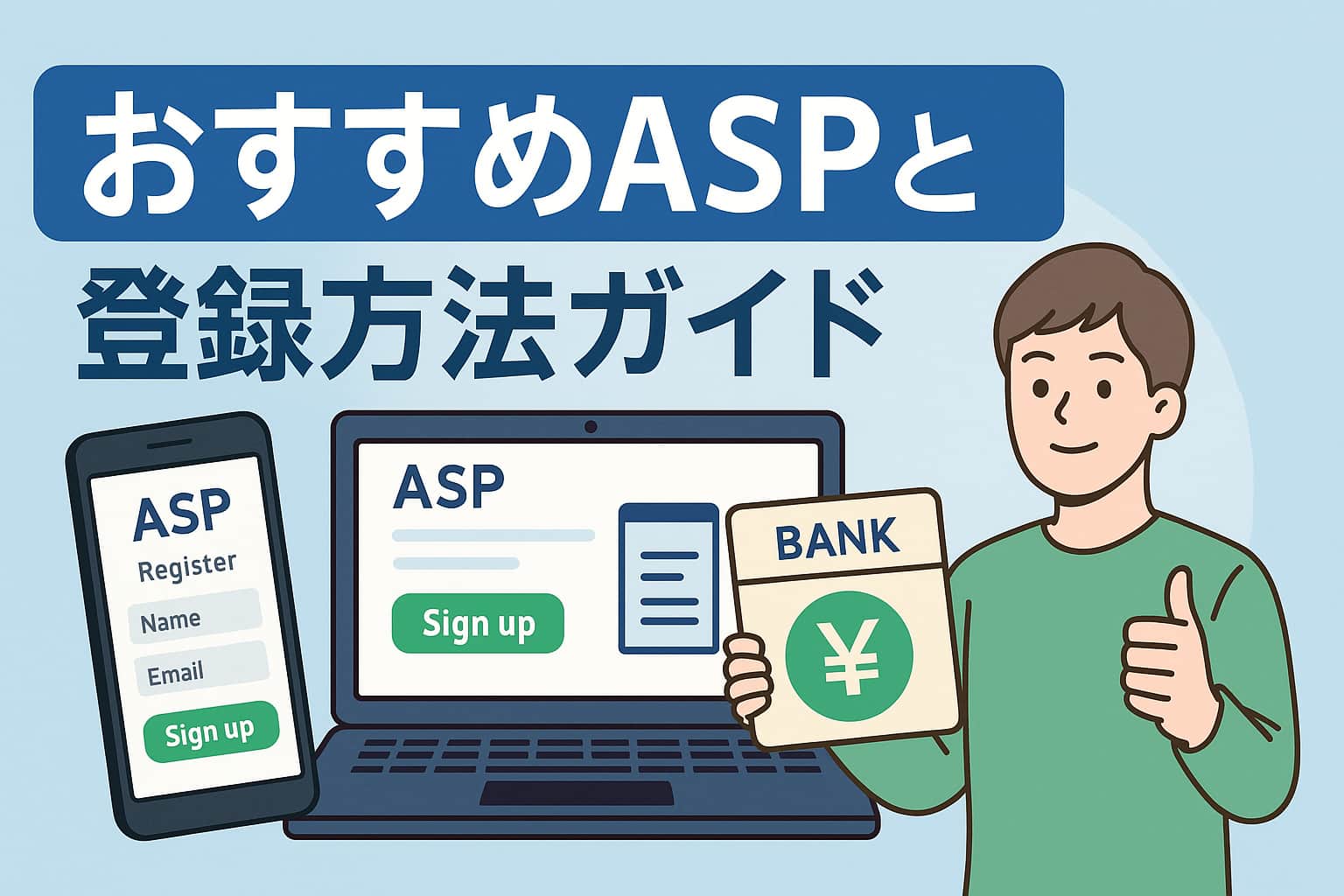 ASP登録とアフィリエイト開始をイメージした初心者向けガイド画像