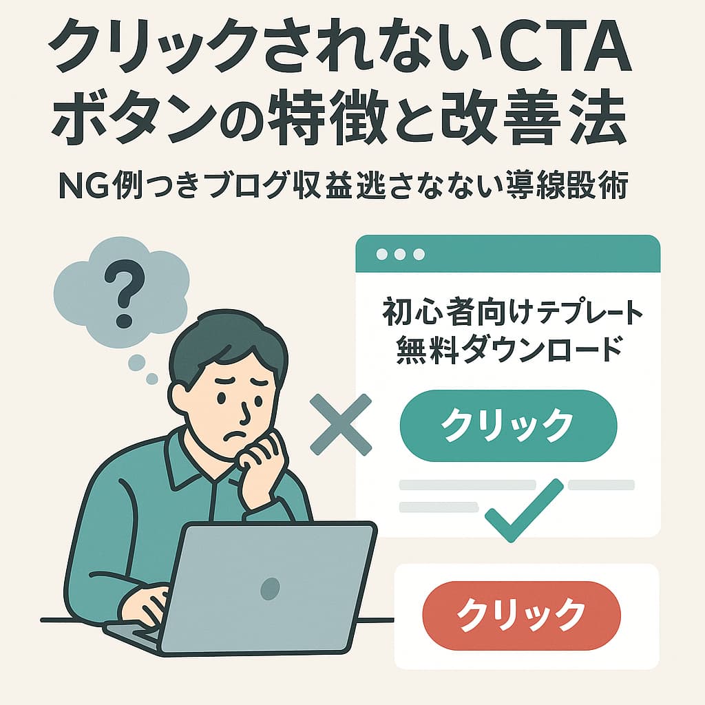 パソコンとクリックボタンのイラスト、読者が迷う様子を描いた構図