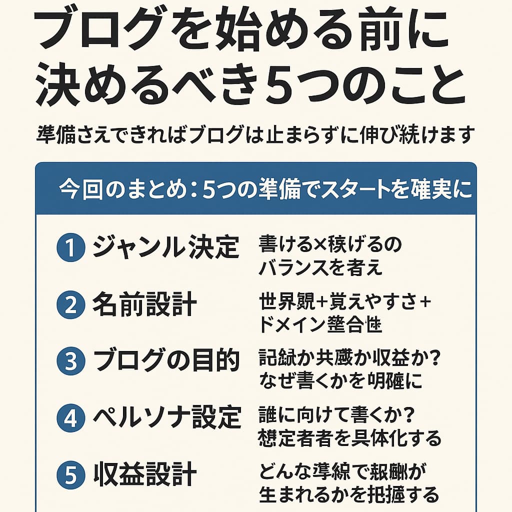 ブログ開設前に決めるべき5つの準備項目の図解