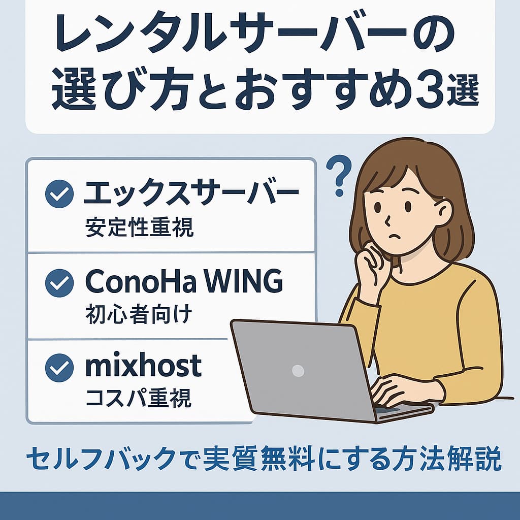 レンタルサーバーを選ぶ初心者ブロガーのイラスト＋記事タイトル