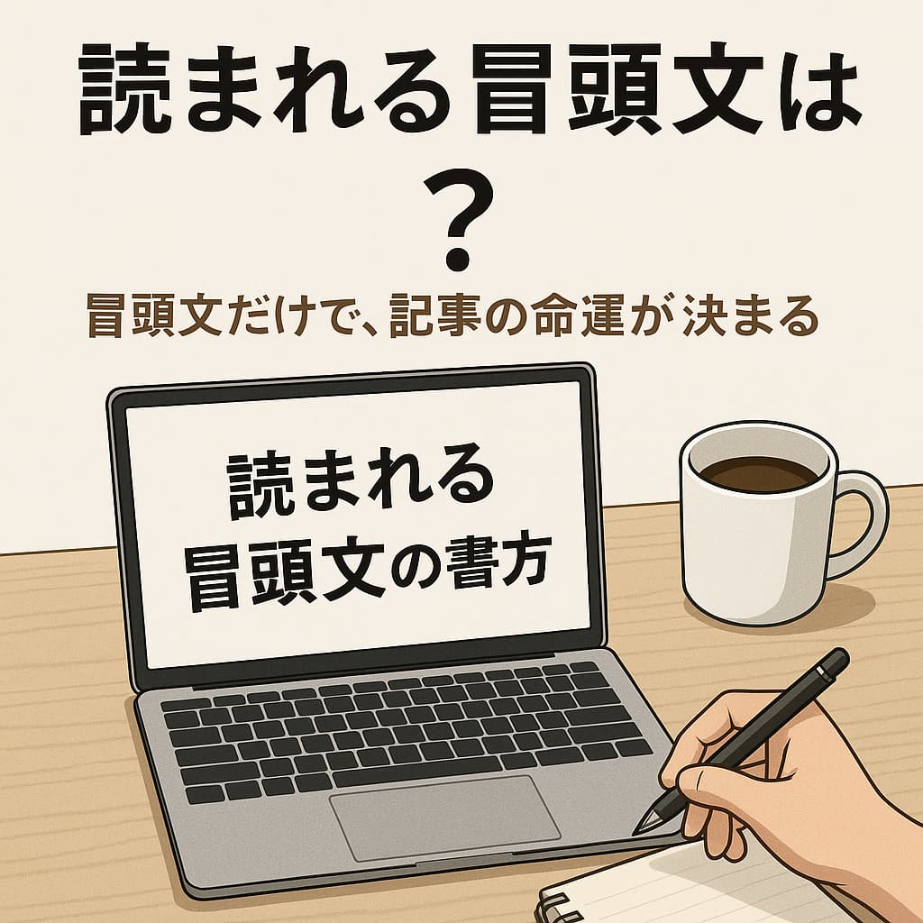 ノートパソコンでブログを書く手元とコーヒー、記事タイトル「読まれる冒頭文の書き方」入りのアイキャッチ画像