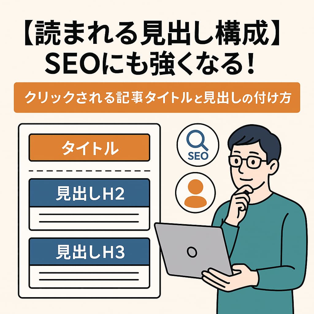 タイトルと見出しの設計図とPCを持つ人物のイラスト、記事タイトル入りカバー