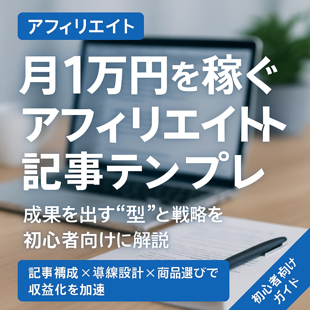 アフィリエイト初心者向けに月1万円を目指すための収益記事テンプレートと戦略を解説したブログ記事のアイキャッチ画像